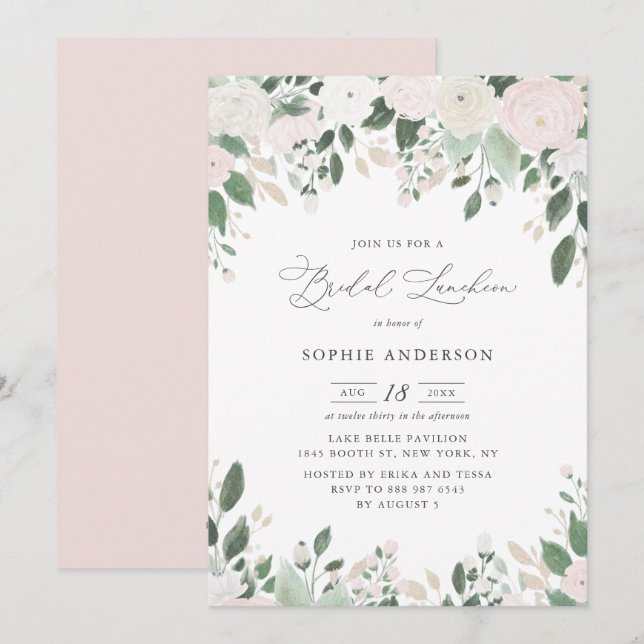 Invitación Purpurina de oro de las flores pastel deja almuerz (Anverso / Reverso)