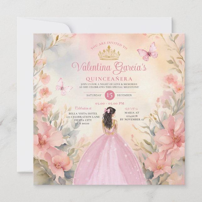Invitación Purpurina de oro de las flores rosadas de Quinceañ (Anverso)