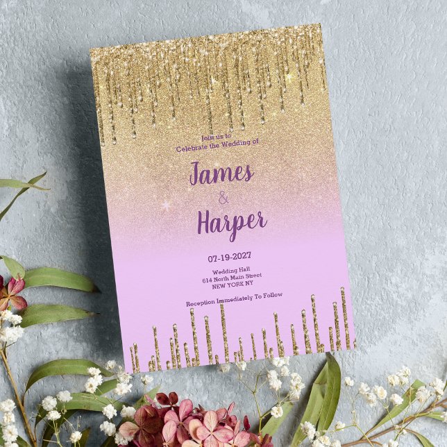 Invitación Purpurina de oro de lavanda lana Boda de lujo (Lavender gold glitter ombre drips luxury Wedding)