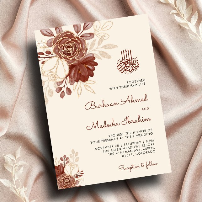 Invitación Purpurina de oro de lino acuarela floral Boda islá (Subido por el creador)