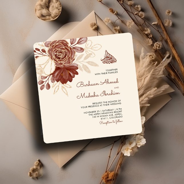 Invitación Purpurina de oro de lino acuarela floral Boda islá (Subido por el creador)