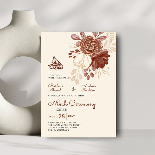 Invitación Purpurina de oro de lino acuarela floral Nikah isl (Subido por el creador)