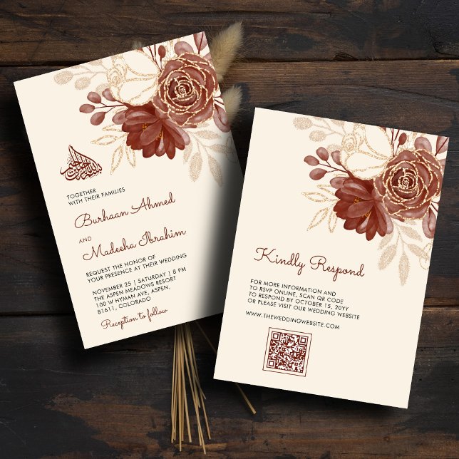Invitación Purpurina de oro de lino acuarela floral QR islámi (Subido por el creador)