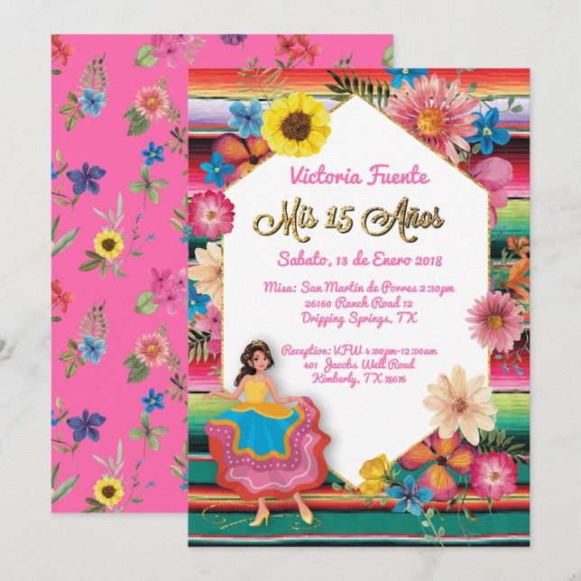 Invitación Purpurina de oro de los mexicanos mis 1 (Anverso / Reverso)