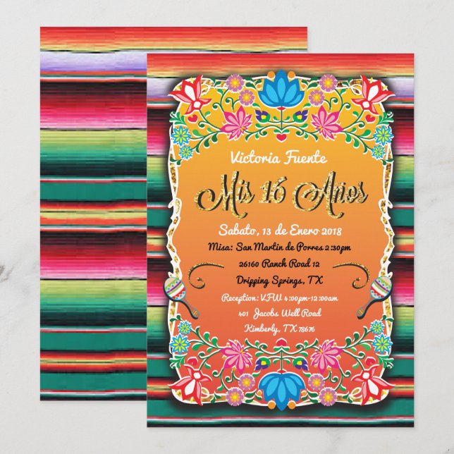 Invitación Purpurina de oro de los mexicanos mis 16 Anos Fies (Anverso / Reverso)