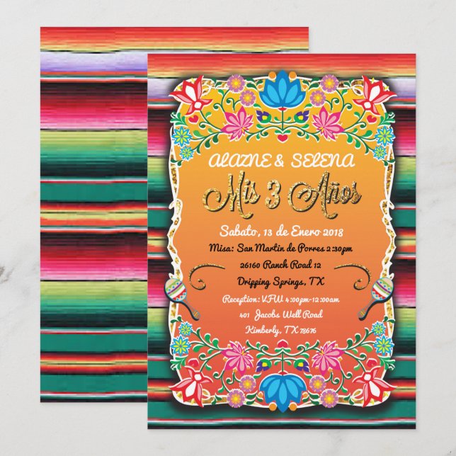 Invitación Purpurina De Oro De Los Mexicanos Mis 3 Anos Fiest (Anverso / Reverso)