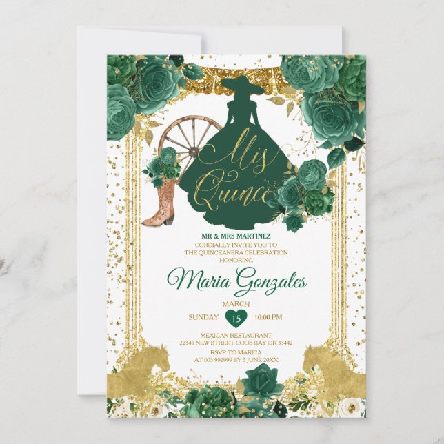 Invitación Purpurina De Oro De Los Verdes De Esmeralda Mis Qu (Anverso)