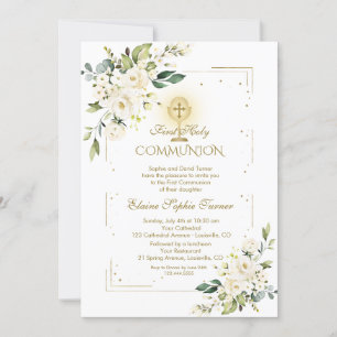 Invitación Purpurina de oro de lujo Comunión floral blanca