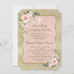 Invitación Purpurina de oro de lujo Comunión floral rosa