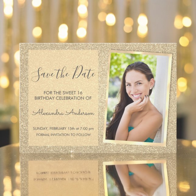 Invitación Purpurina de oro de lujo dulce 16 Guardar la fecha (Subido por el creador)