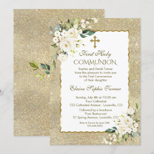 Invitación Purpurina de oro de lujo Flores blancas primera co
