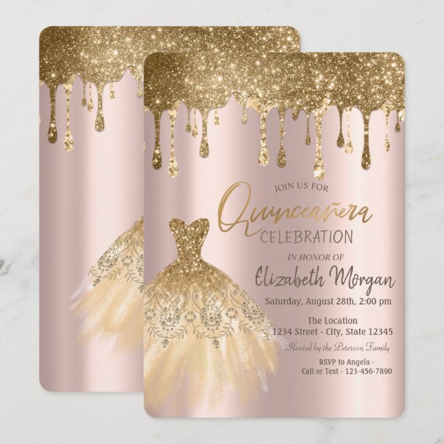 Invitación Purpurina de oro de lujo gotas vestida Quinceañera (Anverso / Reverso)