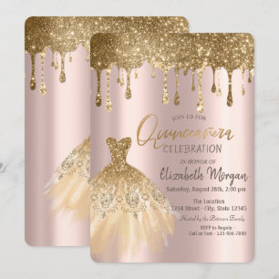 Invitación Purpurina de oro de lujo gotas vestida Quinceañera