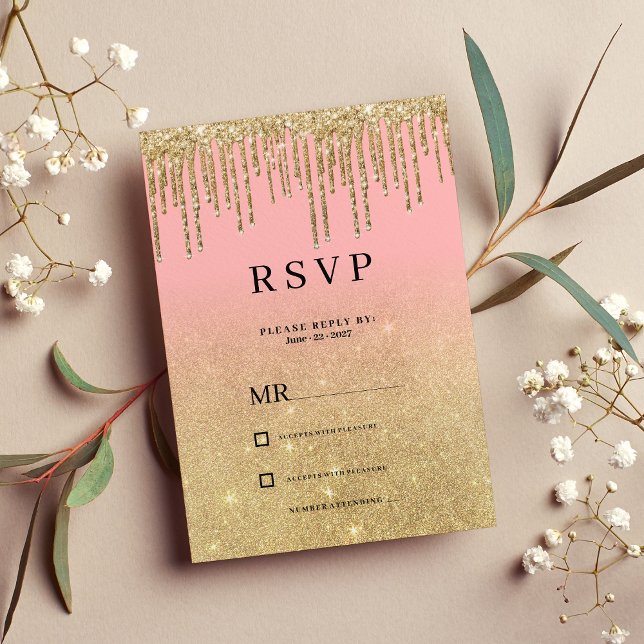Invitación Purpurina de oro de lujo goteo rosa sombrío RSVP (Luxury gold glitter pink ombre drips RSVP )
