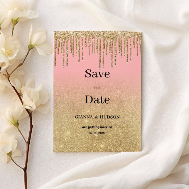 Invitación Purpurina de oro de lujo goteo rosa sombrío Save t (Luxury gold glitter pink ombre drips Save the Date)