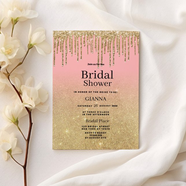 Invitación Purpurina de oro de lujo lentejuelas rosas sombría (Luxury gold glitter pink ombre drips Bridal Shower)