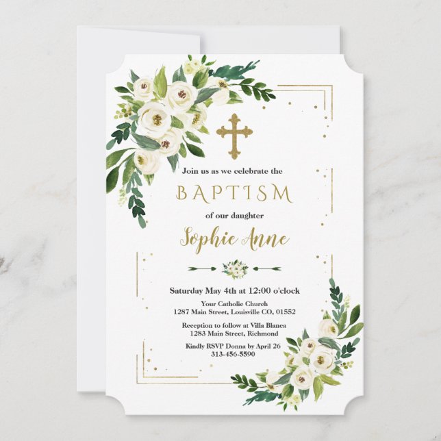 Invitación Purpurina de oro de lujo marco bautismo floral bla (Anverso)