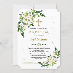 Invitación Purpurina de oro de lujo marco bautismo floral bla
