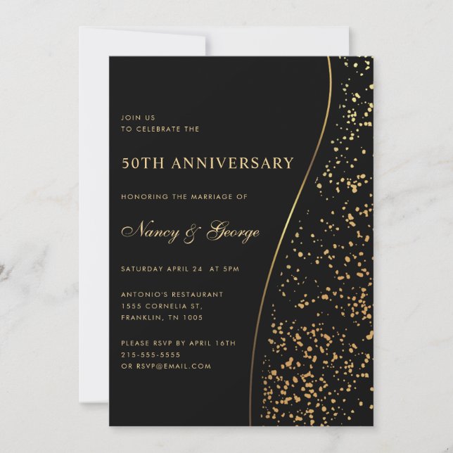 Invitación Purpurina de oro de lujo negro 50 aniversario Boda (Anverso)