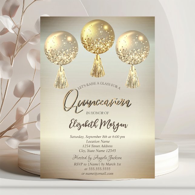 Invitación Purpurina de oro de lujo perfora globos de Quincea (Subido por el creador)