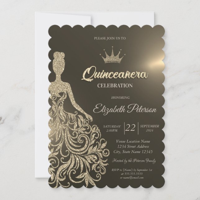 Invitación Purpurina de oro de lujo vestido Gold Quinceanera (Anverso)