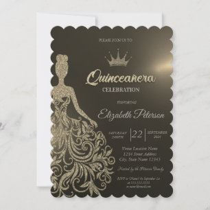 Invitación Purpurina de oro de lujo vestido Gold Quinceanera