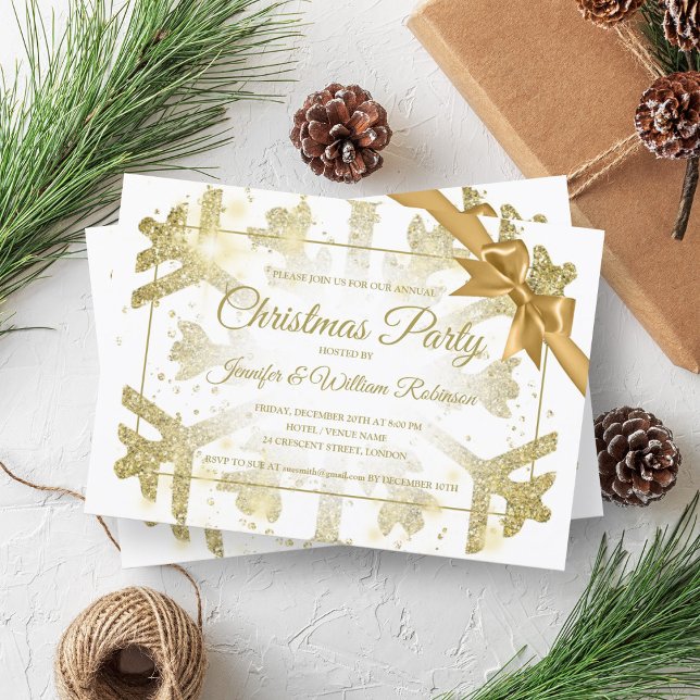 Invitación Purpurina de oro de lujo Xmas Cinta de vacaciones (Luxurious Gold Glitter Xmas Holiday Ribbon Invitation)