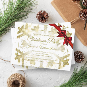 Invitación Purpurina de oro de lujo Xmas Cinta roja de vacaci