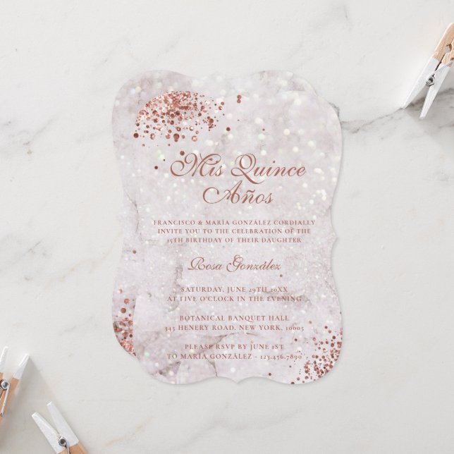 Invitación Purpurina de oro de Marble Sparkle Rosa Quinceañer (Anverso/Reverso In Situ)