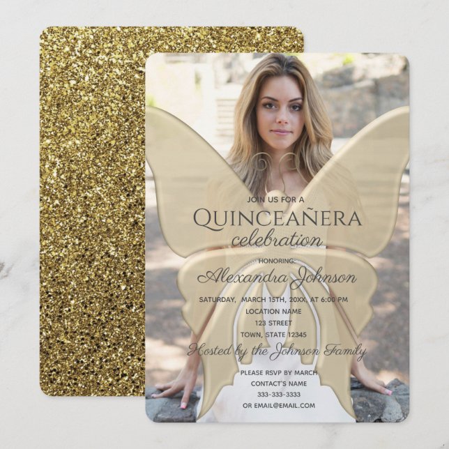 Invitación Purpurina de oro de mariposa elegante Quinceanera (Anverso / Reverso)