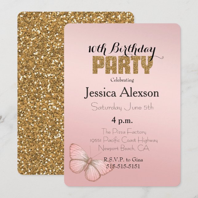 Invitación Purpurina de oro de mariposa rosa de Rubor (Anverso / Reverso)