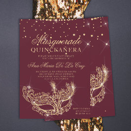 Invitación Purpurina de oro de mascarada burgundy quinceanera