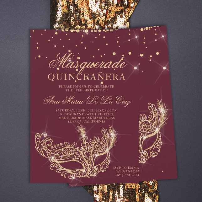Invitación Purpurina de oro de mascarada burgundy quinceanera (Subido por el creador)