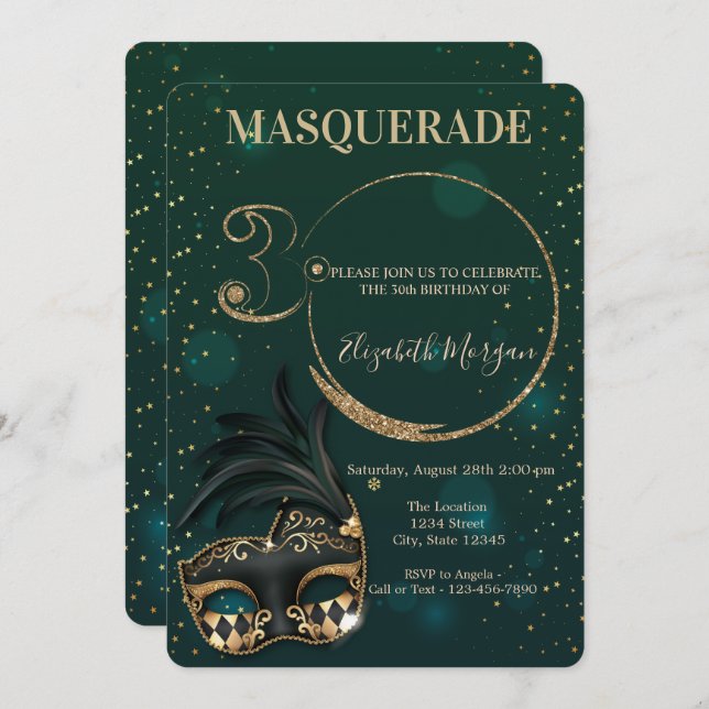 Invitación Purpurina de oro de Masquerade Green 30 cumpleaños (Anverso / Reverso)