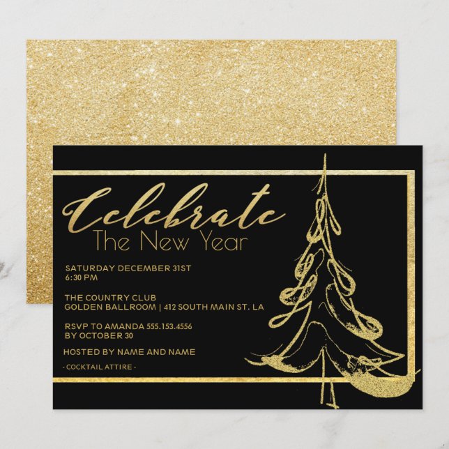 Invitación Purpurina de oro de moda Árbol de Navidad Año Nuev (Anverso / Reverso)