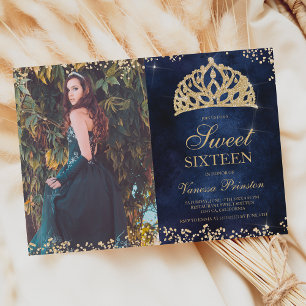 Invitación purpurina de oro de moda foto azul marino tiara Sw