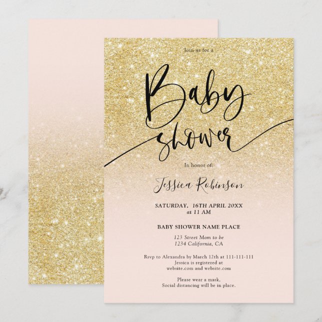 Invitación Purpurina de oro de moda Girona ducha de bebé rosa (Anverso / Reverso)