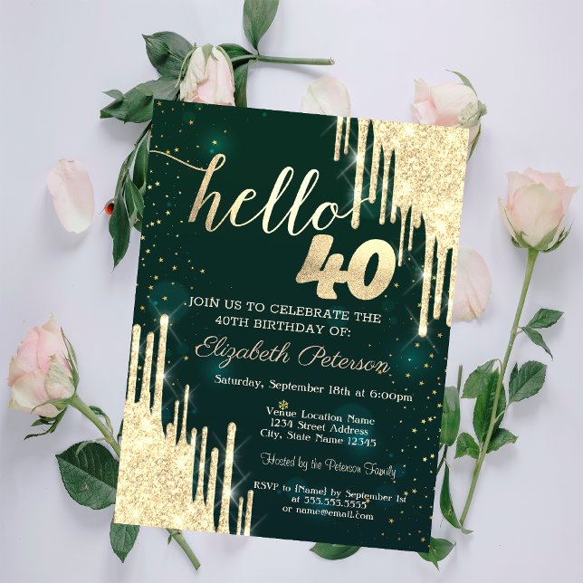 Invitación Purpurina de oro de moda gotea verde 40 cumpleaños (Subido por el creador)