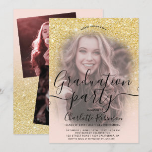 Invitación purpurina de oro de moda rosa oscuro 3 fotos gradu