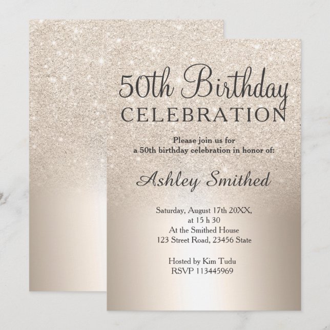 Invitación purpurina de oro de moda sombrío metálico 50 años (Anverso / Reverso)