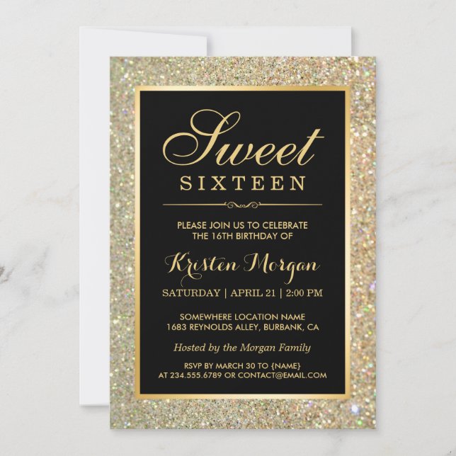 Invitación Purpurina de oro de moda Sparkles Dulce Dieciséis  (Anverso)