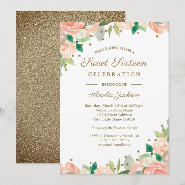 Invitación Purpurina De Oro De Peach Dulce Floral Dieciséis I (Anverso / Reverso)