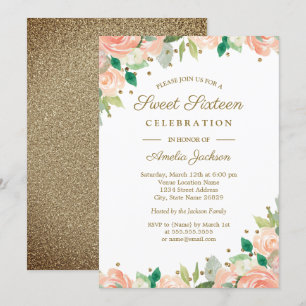 Invitación Purpurina De Oro De Peach Dulce Floral Dieciséis I