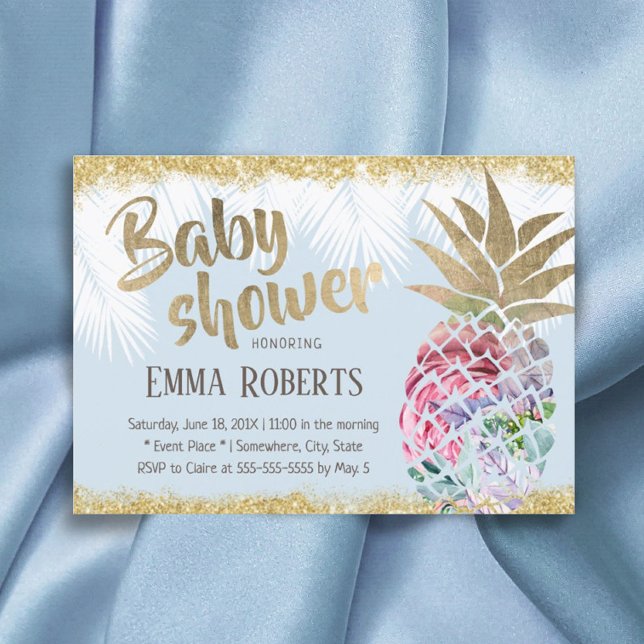 Invitación Purpurina de oro de piña tropical floral Baby Show (Subido por el creador)