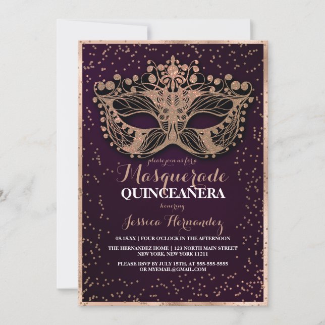 Invitación Purpurina de oro de Plum Confetti Masquerade Quinc (Anverso)