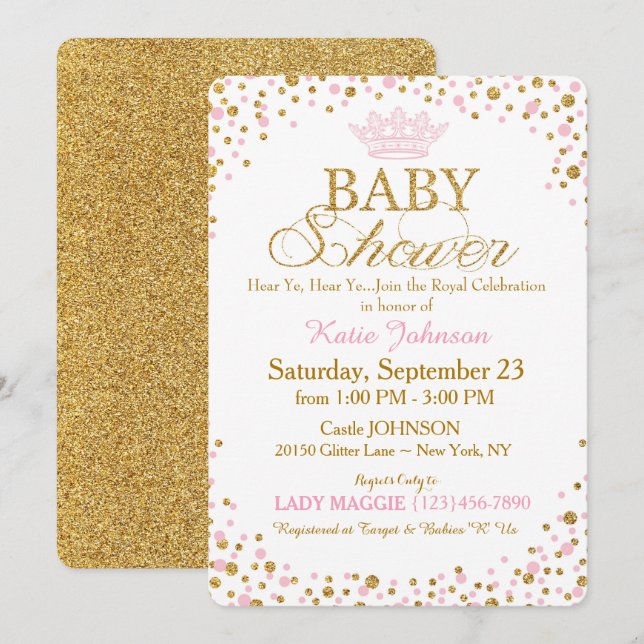 Invitación Purpurina de oro de Princesa Sprinkle Baby Shower (Anverso / Reverso)