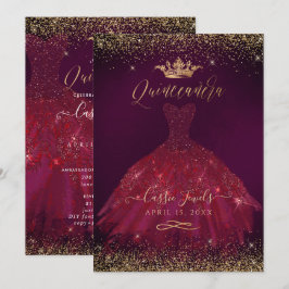 Invitación Purpurina de oro de Quinceañera Borgoña - Corona d