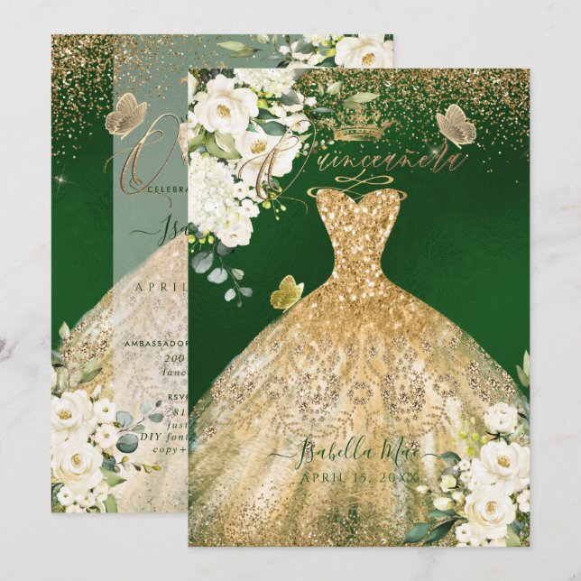 Invitación Purpurina de oro de Quinceanera de PixDezines verd (Anverso / Reverso)