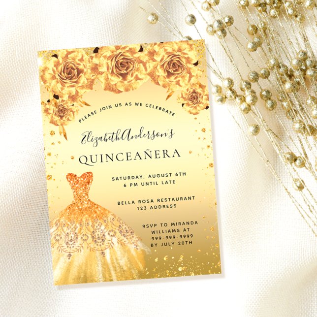 Invitación Purpurina de oro de Quinceanera vestido glamoroso  (Subido por el creador)