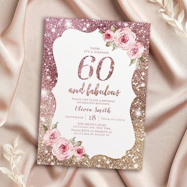 Invitación Purpurina de oro de rosa espumoso y 60 cumpleaños  (Sparkle rose gold glitter and floral 60th birthday invitation)